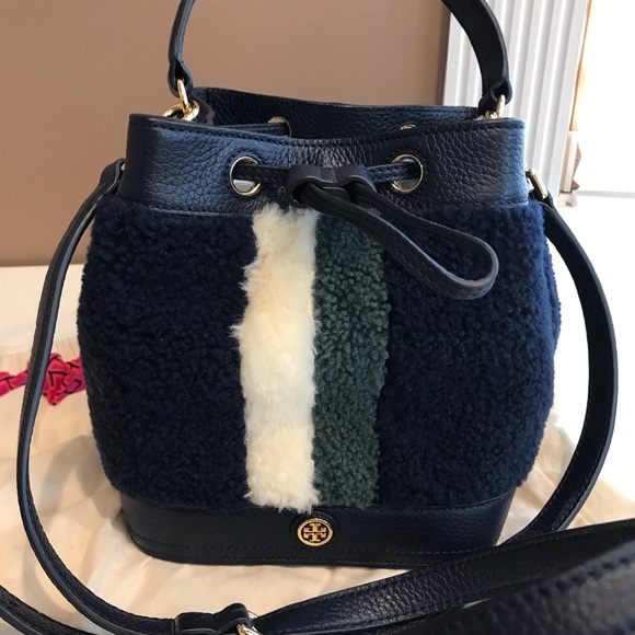 Tory Burch Handbags - Tory Burch Navy Shearling Bucket Bag with Cream and Forest Green Stripes
